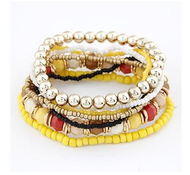 กำไลข้อมือแฟชั่นสไตล์ Bohemian ร้อยลูกปัดสีเหลืองสดใส ผสมลูกปัดหลากหลายแบบด้านในเป็นเอ็นยืด WDJ0087 
