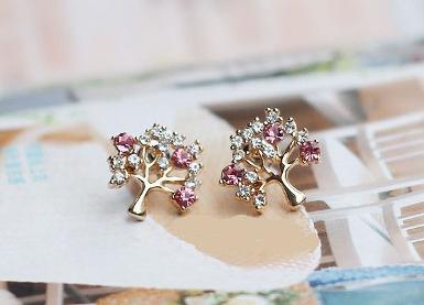ต่างหูรูปต้นไม้ ประดับด้วยคริสตัล สีขาวและสีชมพู ดูสดใสน่ารัก BWS0036 