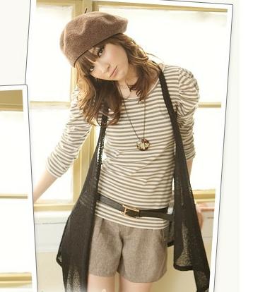 เสื้อยืด T-Shirt แฟชั่นลายขวาง คอกลม แขนยาว ไหล่ทำจับจีบย่นยกสูงเล็กน้อย เนื้อผ้านุ่ม WDC0078 