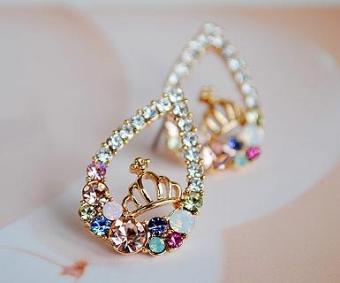 ต่างหูรูปหยดน้ำ ประดับ Rhinestone คริสตัลหลากสี พร้อมมงกุฏสีทอง WDJ0009 
