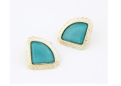 ต่างหูวินเทจ ประดับ Rhinestone สีฟ้า รูปทรงพัด ขอบทองฉลุ เรียบหรู WDJ0122