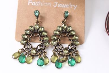 ต่างหูแนวยุโรป วินเทจ-เรโทร ประดับ Rhinestone สีเขียวเหลือง แบบห้อย WDJ0193