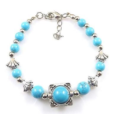 กำไลเงิน ธิเบต ประดับเม็ดลูกปัดสีฟ้า Turquoise งาน Handmade EBJ045