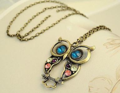 สร้อยคอ นกฮูก ประดับ Gem Stone หลากสี แนววินเทจ เรโทร EBJ003